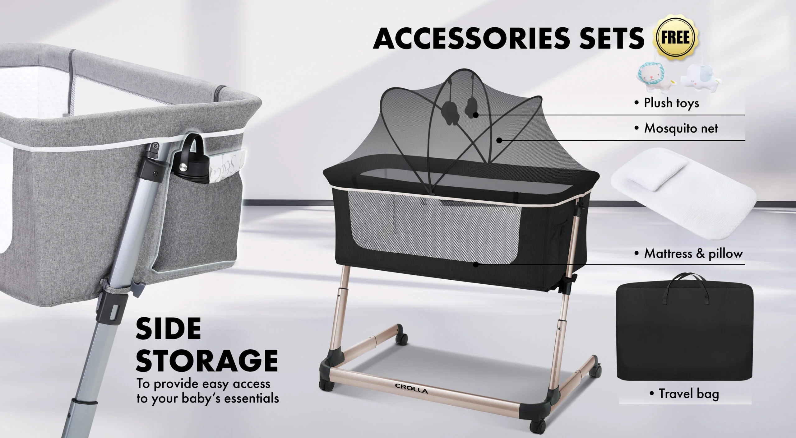 Crolla Stella Baby cot with built-in side storage and included accessories like soft toys and organizers for added practicality and style.