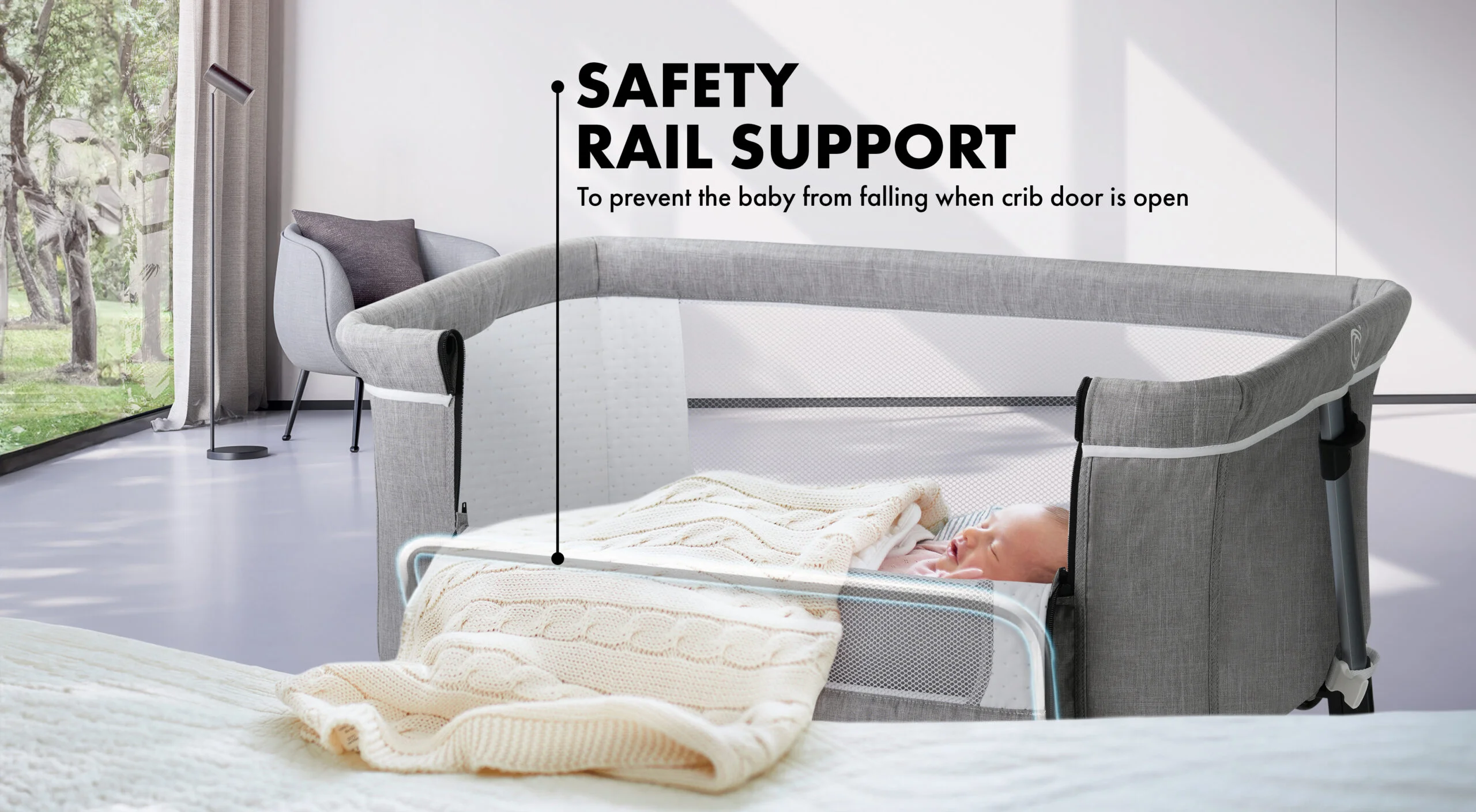Baby cot equipped with sturdy safety rail support to ensure your baby sleeps securely and safely at all times.
